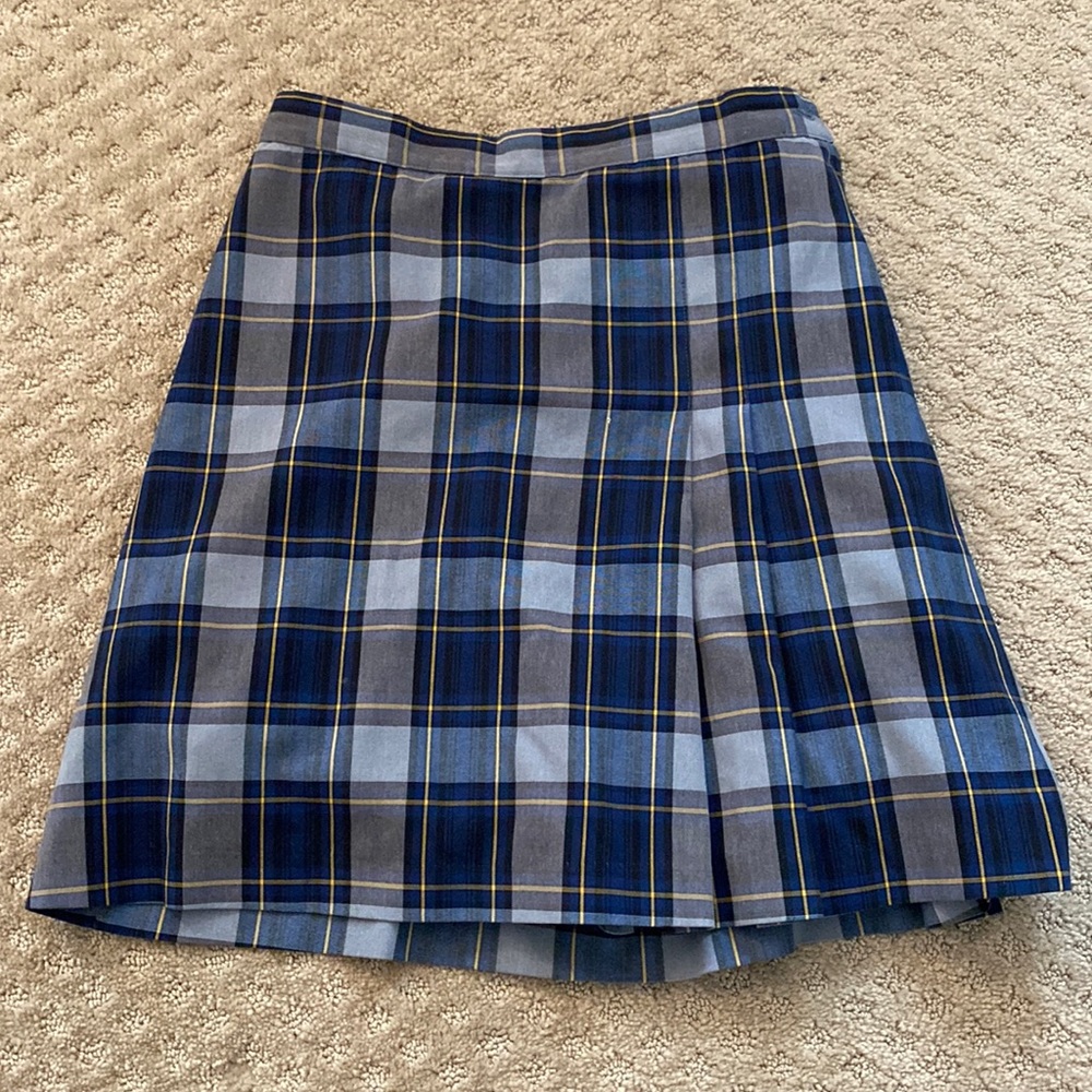 VINTAGE DARK BLUE PLAID PLEATED SKIRT